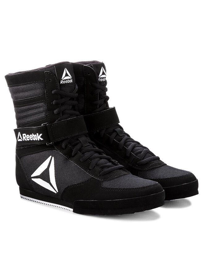 Pair of black Reebok boxing boots, front view