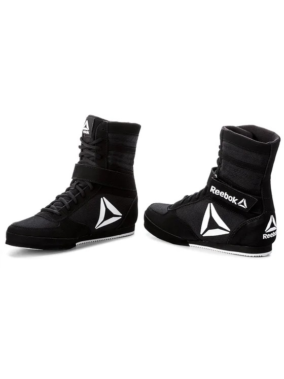 Pair of black Reebok boxing boots, front and back views